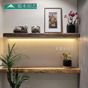 实木一字隔板置物架中古风客厅背景装饰层板展示架带氛围灯收纳架