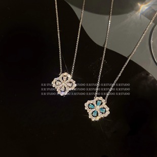 S925纯银四叶草项链女款2024新款蓝宝石吊坠高级感轻奢小众锁骨链