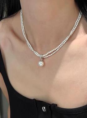 S925纯银双层碎银施家珍珠项链女