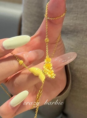 S925纯银古风蝴蝶项链古法黄金色