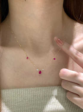巨显白玫红宝石水滴闪钻极细项链