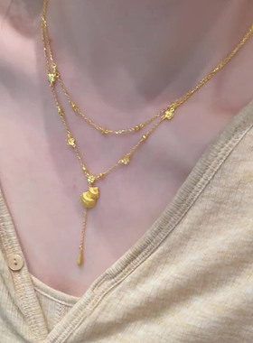 双层金色花朵葫芦水滴流苏项链女