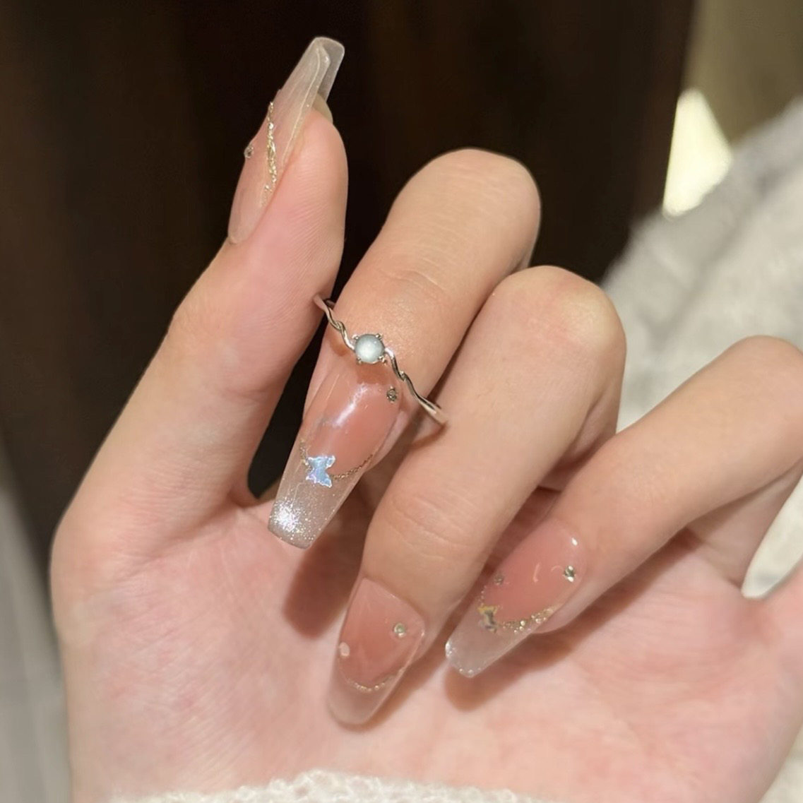 蓝色仿翡翠尾戒活口可调节戒指女
