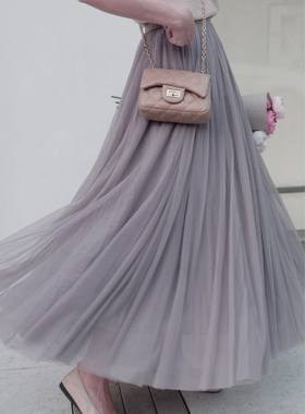 灰色纱裙中长款2025秋冬季配毛衣百褶高腰蓬蓬长裙女半身裙子半裙