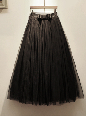 秋冬季新款a字纱裙黑色半身裙子蓬蓬高腰长款长裙冬裙半裙超好看