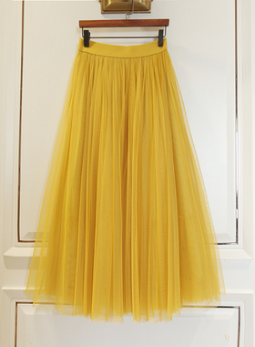 2025秋冬季新款纱裙高腰蓬蓬黄色半身裙子长裙女巨好看的冬裙半裙