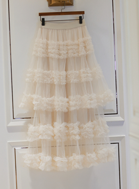 维恩家25秋冬新款白色纱纱半身裙女高腰蓬蓬蛋糕裙半裙长款长裙子