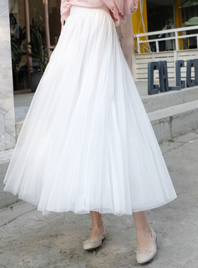 白色2025新款秋冬季纱裙半身长裙长款蓬蓬a字半身裙子半裙女超美