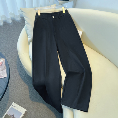 藏青色休闲哈伦裤女2025新款秋季西装裤高腰宽松显瘦拖地弯刀裤子