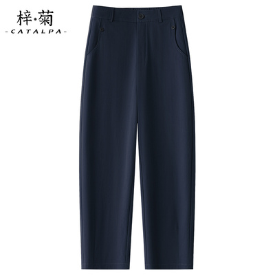 藏青色休闲哈伦裤女2025新款夏季高级感垂感小个子薄款西装萝卜裤