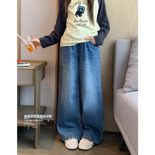 百搭复古蓝水洗设计感直筒牛仔裤