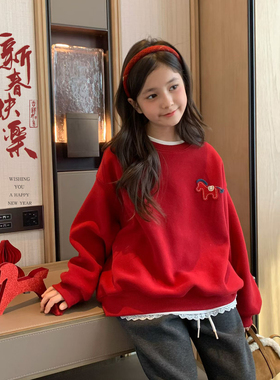 女大童新年红色小马卫衣2025冬装新款青少年休闲宽松加绒学生上衣