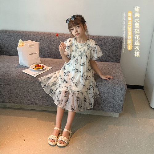 满印水墨花朵网纱连衣裙