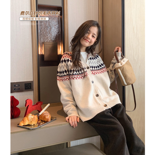 休闲针织衫 女大童费尔岛连帽开衫 初中生时尚 新款 少女毛衣 2025冬装