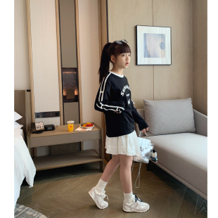 青少年休闲字母卫衣棉T恤 新款 女大童蝴蝶结织带长袖 上衣2024秋装