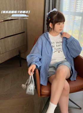 韩版蓝格子连帽防晒衬衣薄外套