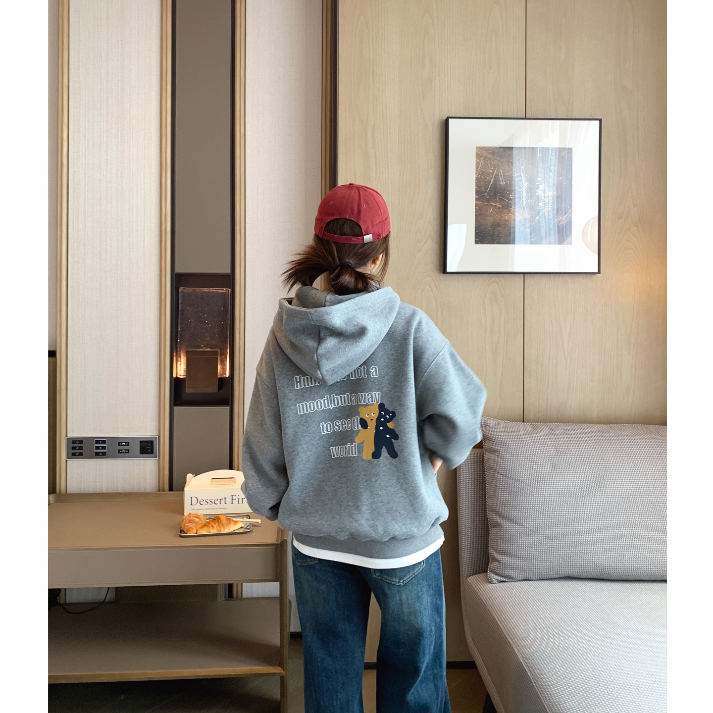 韩系后背印花加绒半开领连帽卫衣