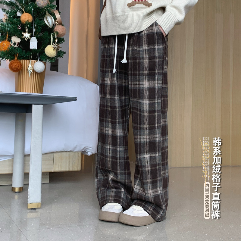 女大童美拉德咖色加绒格子裤2023冬装新款青少年毛呢直筒裤亲子款