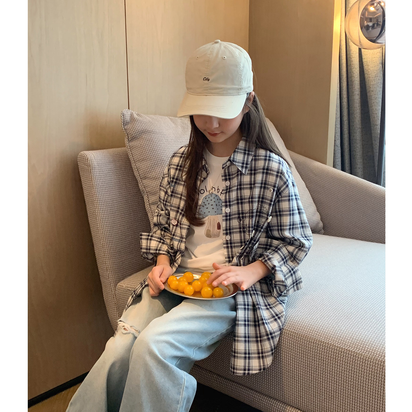 女大童韩系格子衬衫2026夏季新款青少年翻领宽松防晒上衣学生衬衣