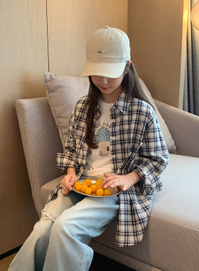 女大童韩系格子衬衫2026夏季新款青少年翻领宽松防晒上衣学生衬衣