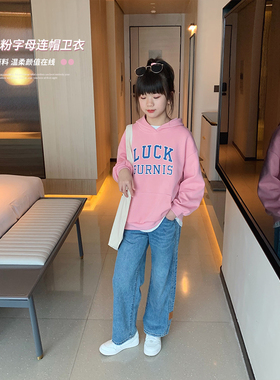 女童字母连帽卫衣2022春装新款大童樱花粉套头帽衫女学生校园上衣