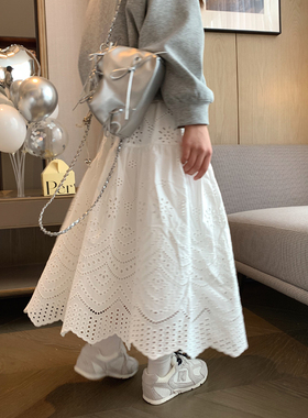 女大童韩版花边镂空半身裙2025春夏新款少女中长款绣品伞裙A字裙
