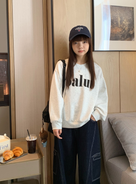 女大童空气棉字母卫衣2025秋装新款青少年韩版休闲米灰色宽松上衣
