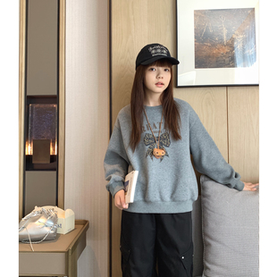 少女豹纹蝴蝶结保暖上衣学生绒衫 女大童加绒圆领卫衣2025冬季 新款