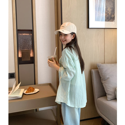 显白韩系清新简约薄款格子衬衫