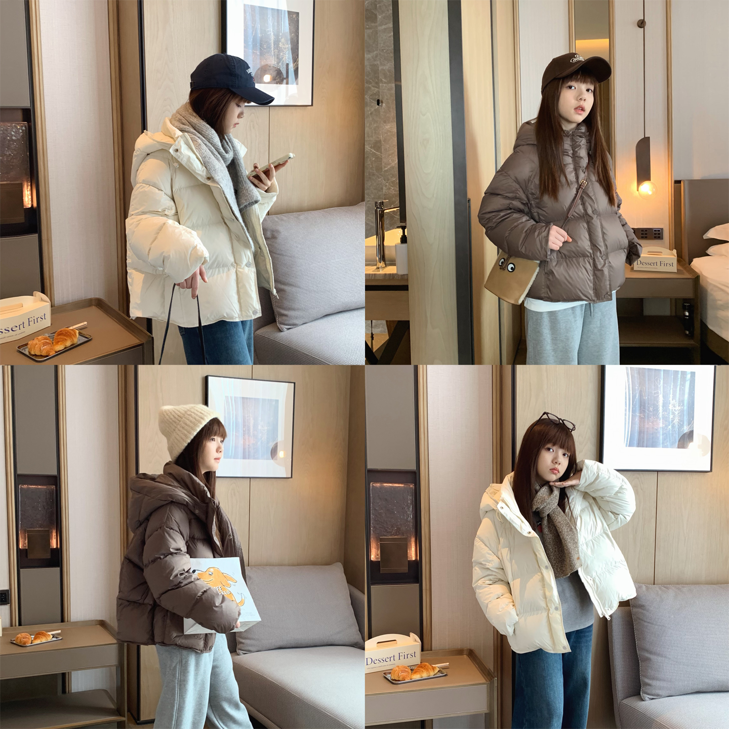 保暖90白鸭绒豆腐块连帽羽绒服