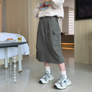 女童美式复古工装裙2023秋装新款大童休闲半身裙儿童中长款A字裙