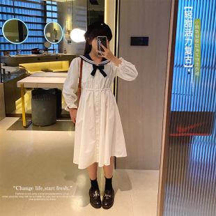 女童海军风连衣裙2022春装新款少女气质公主裙小个子白色衬衫裙子