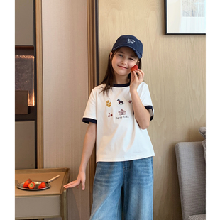 女大童卡通刺绣短袖2026夏装新款青少年短款正肩T恤学生韩版上衣
