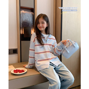 女大童条纹针织连帽开衫2026春季新款少女浅蓝毛衣外套初中生上衣