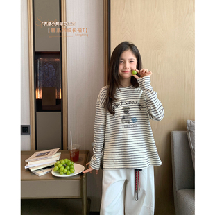 亲子长袖 女大童韩版 青少年慵懒感打底衫 新款 条纹卡通T恤2026春装