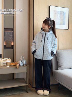 女大童浅蓝菱格连帽棉服2025冬装新款青少年学生休闲保暖夹棉外套