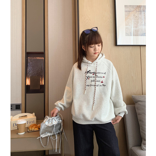 韩版 初中生保暖软糯帽衫 上衣 新款 女大童刺绣加绒连帽卫衣2025冬季
