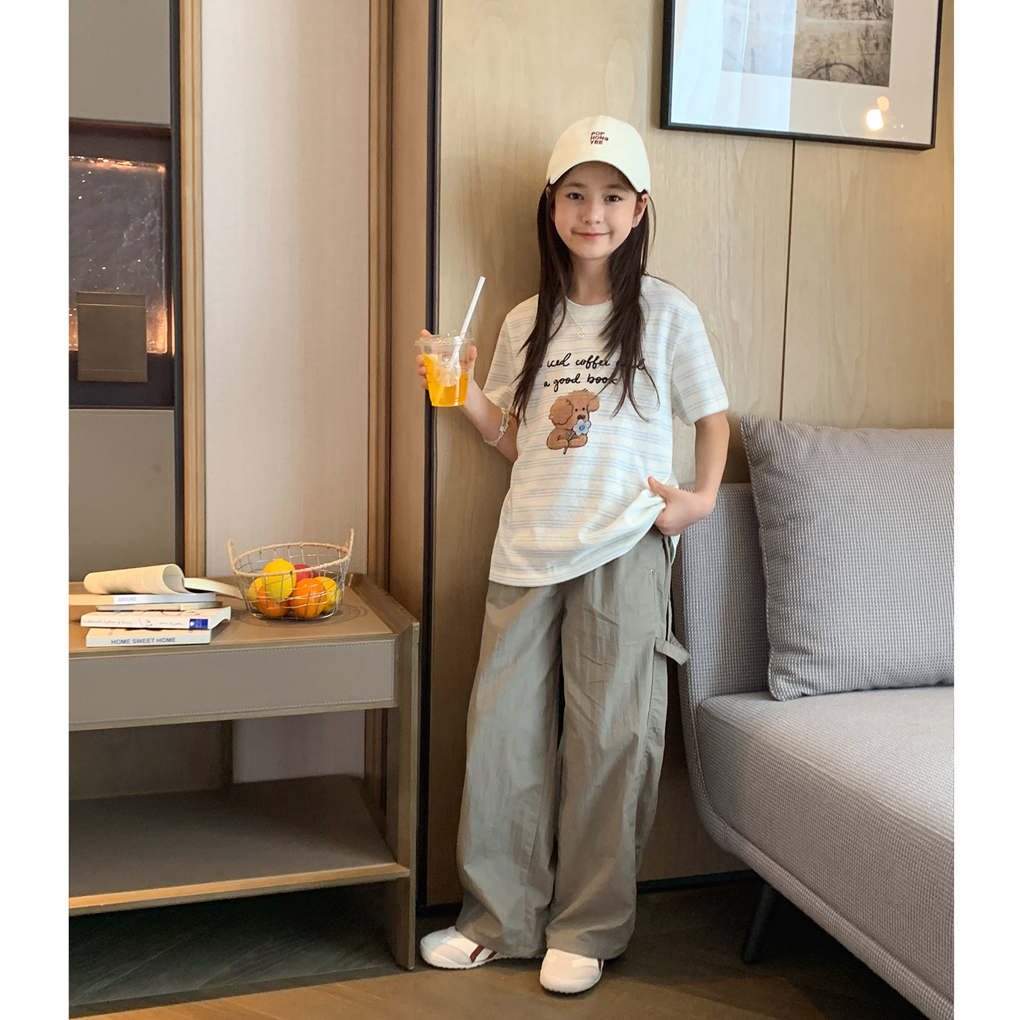 女大童韩版卡通条纹T恤2026夏季新款青少年松弛感短袖初中生上衣