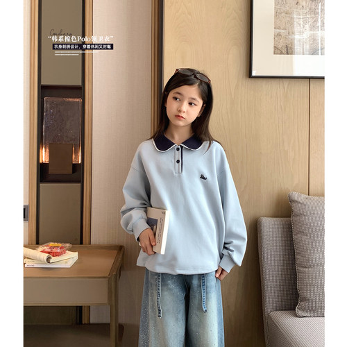 韩版小马刺绣撞色翻领学院风卫衣