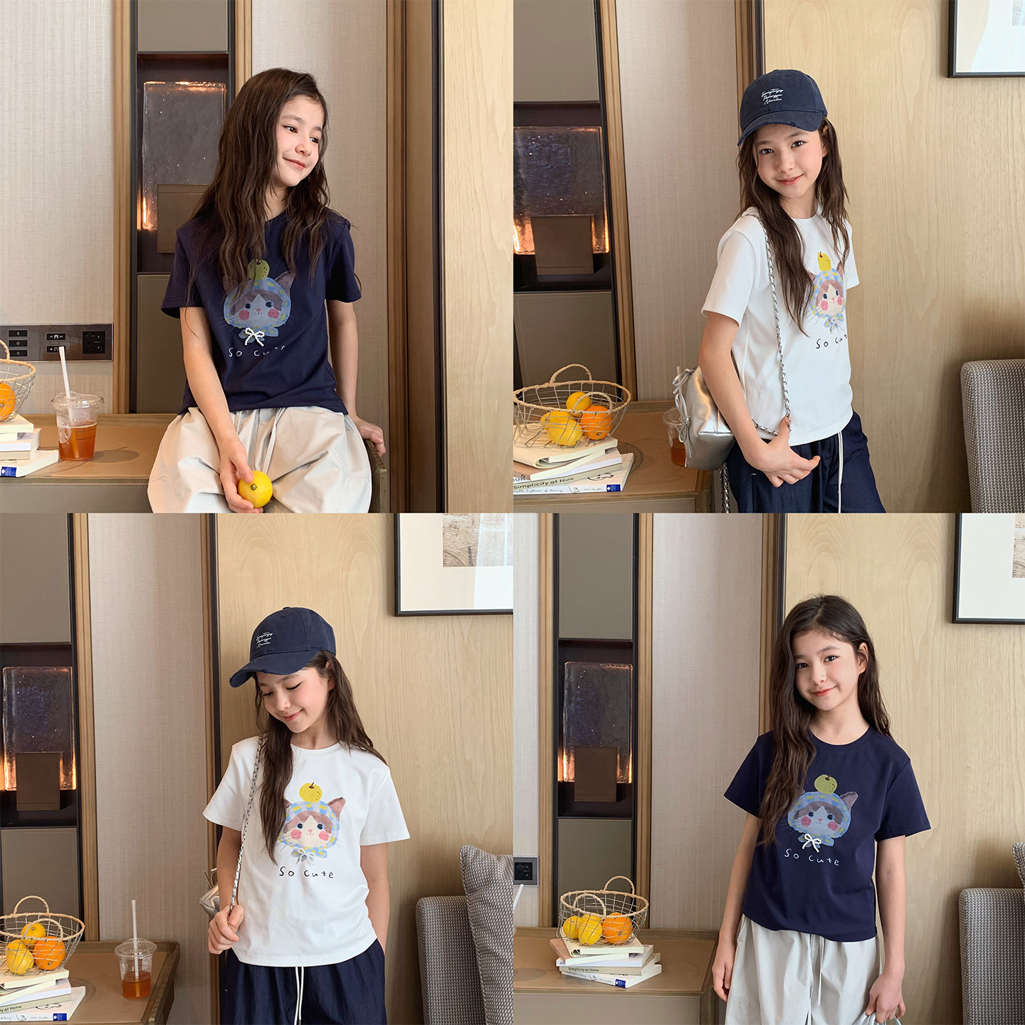 女大童短款修身T恤2026夏装新款青少年韩版猫咪短袖棉T初中生上衣 - 实物图