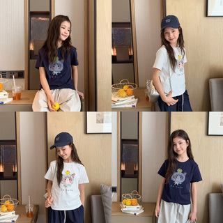 女大童短款修身T恤2026夏装新款青少年韩版猫咪短袖棉T初中生上衣