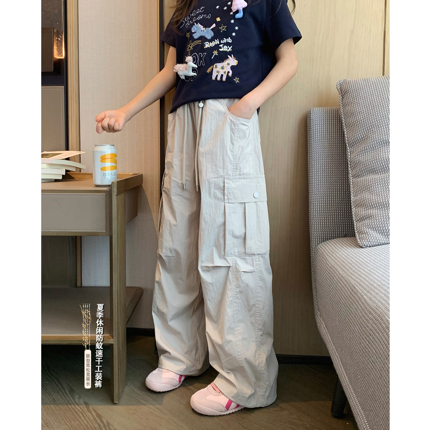 女大童薄款工装裤2026夏季新款青少年酷飒口袋伞兵裤初中生直筒裤