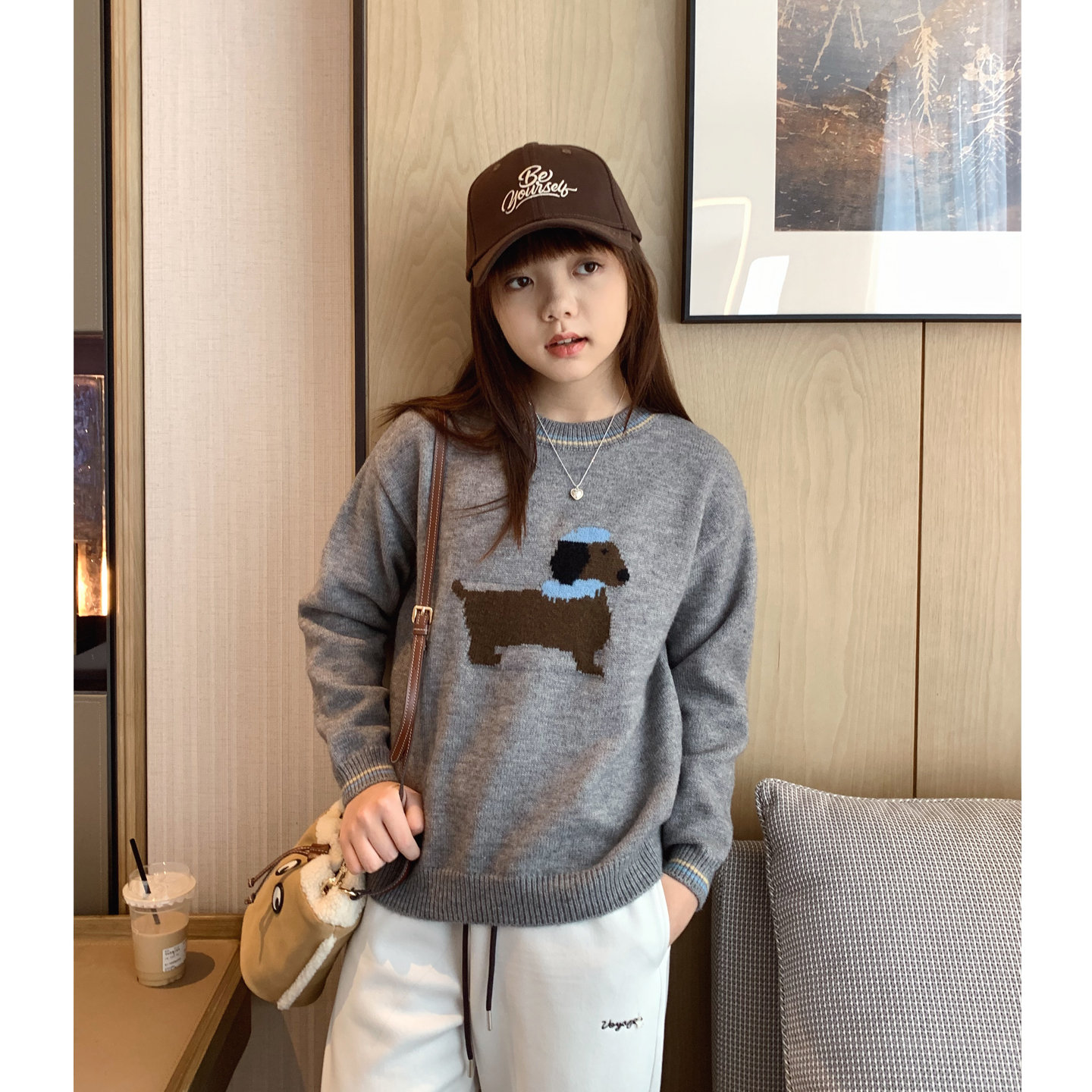 女大童卡通小狗毛衣2025冬季新款学生韩版保暖圆领针织衫套头上衣