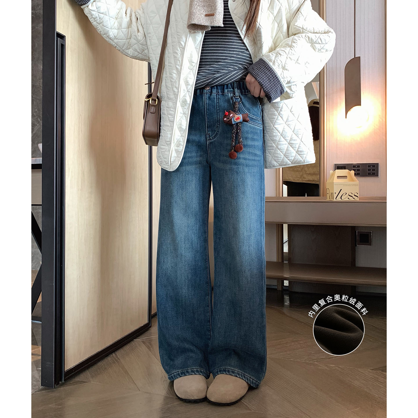 趣味卡通挂件韩版加绒直筒牛仔裤