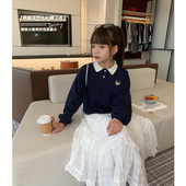 韩版 青少年学院风长袖 翻领上衣 卫衣2024春秋童装 女大童POLO领短款