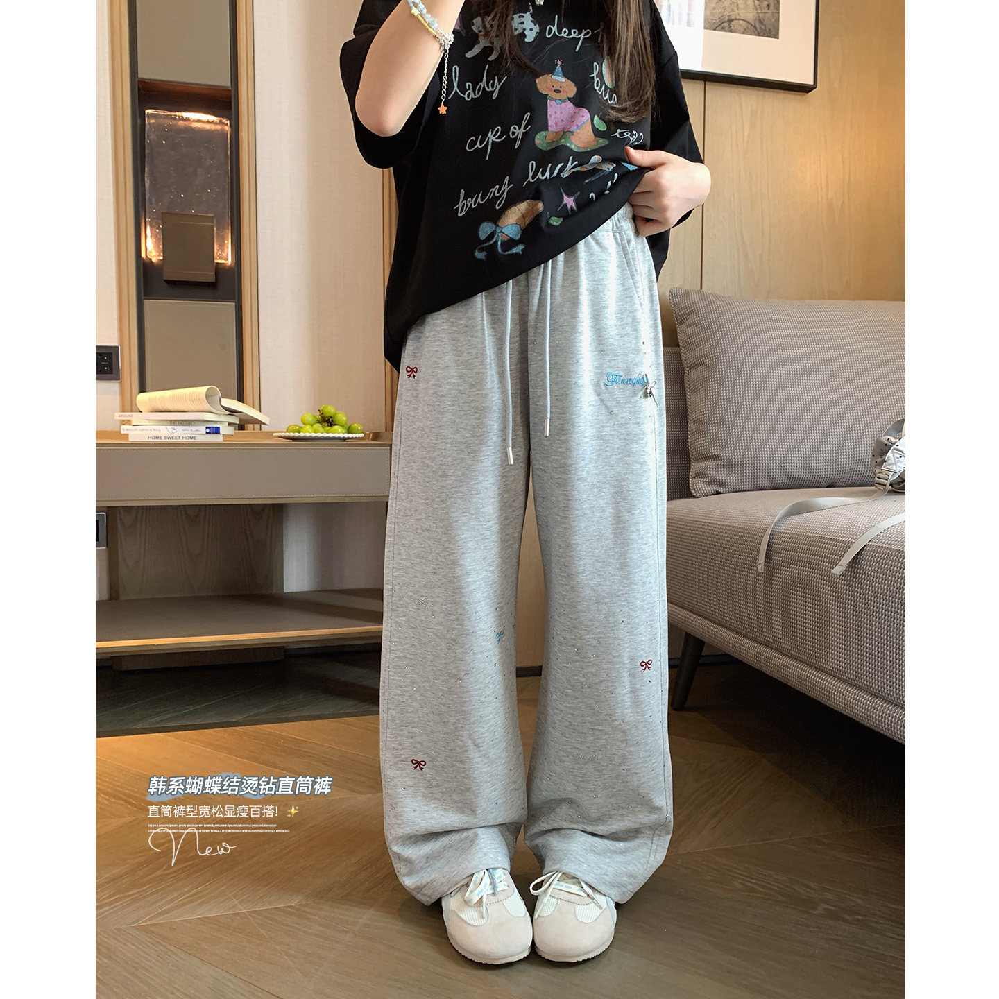 女大童刺绣烫钻直筒裤2026夏季新款青少年薄棉凉感两穿卫裤学生裤