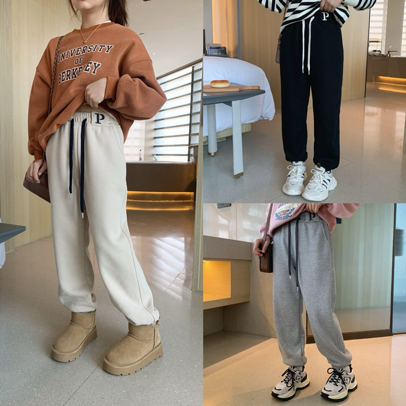 女大童简潮加绒收口卫裤2023冬装新款青少年百搭保暖校园裤运动裤