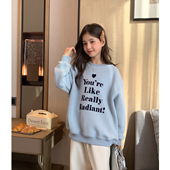 女大童浅蓝加绒卫衣2025冬季 少女上衣 保暖字母绒衫 新款 初中生韩版