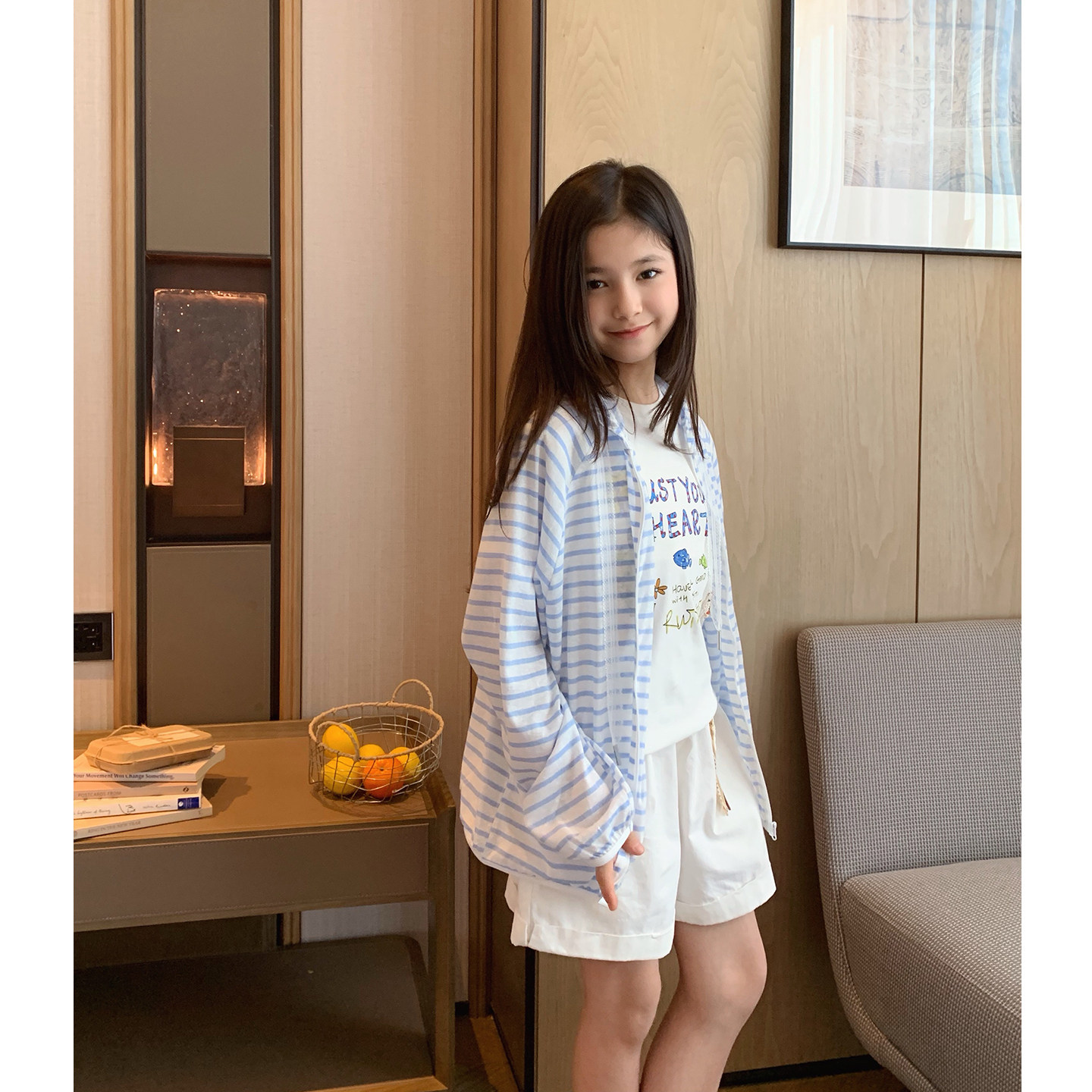 大童条纹连帽防晒衣2026夏季新款青少年韩版透气开衫初中生薄外套