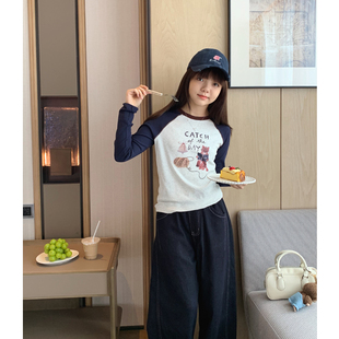 青少年修身 新款 短款 长袖 上衣 女大童卡通插肩袖 棉T韩版 T恤2025秋装